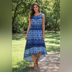 AB Studio Dress Women's Medium Blue and Aqua Sleeveless high low flowing